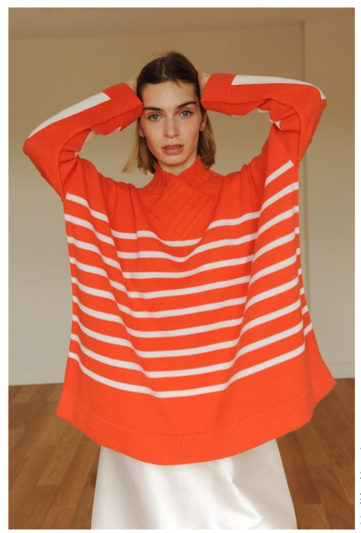 PULL ORANGE RAYE COL V A COTES BRETAGNA