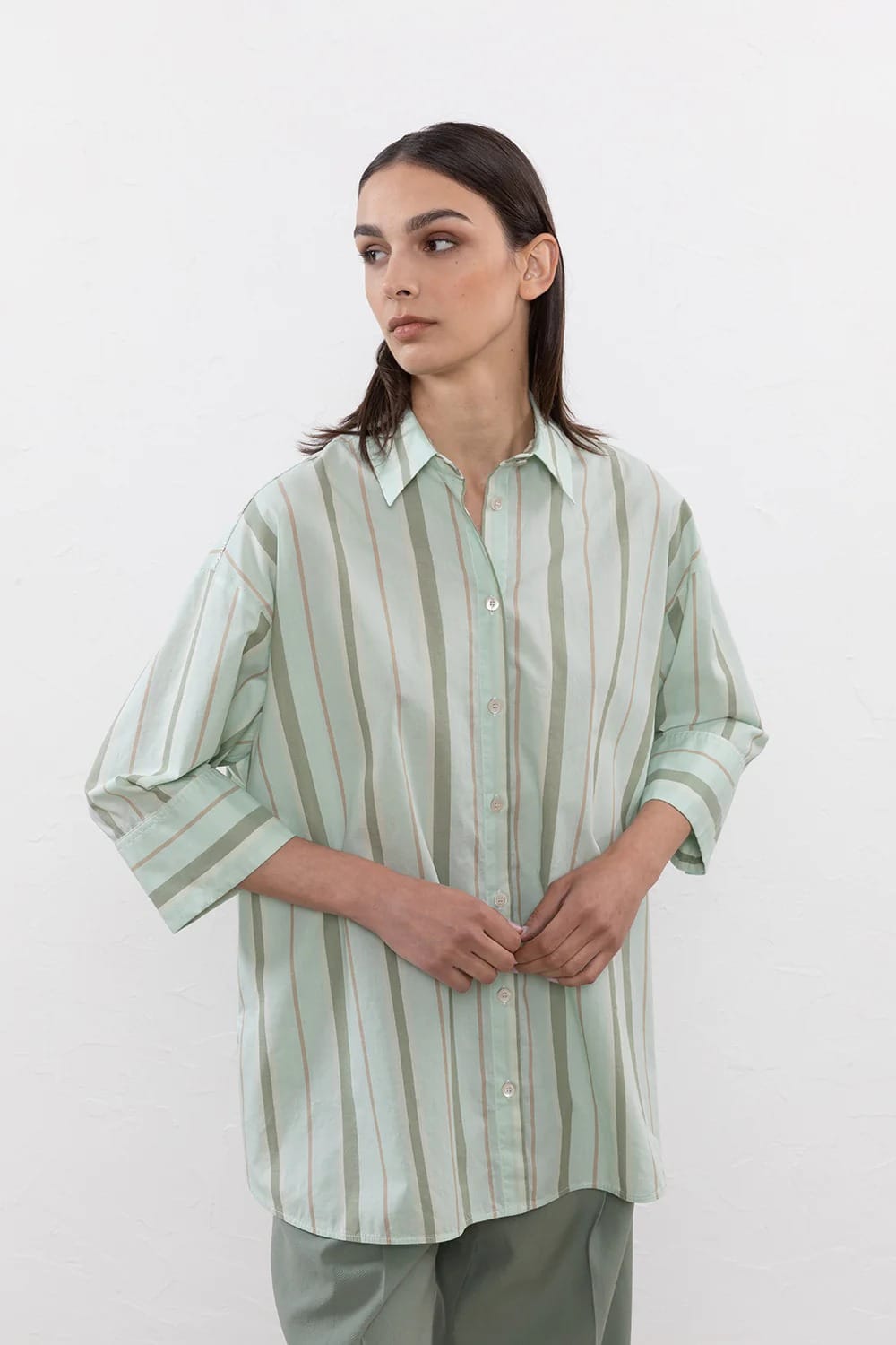 CHEMISE EN MOUSSELINE RAYEE PUR COTON VERTE