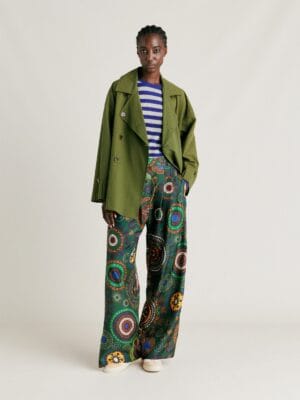 PANTALON LANZAROTE EN HABOTAI DE SOIE VERT MULTICOLORE