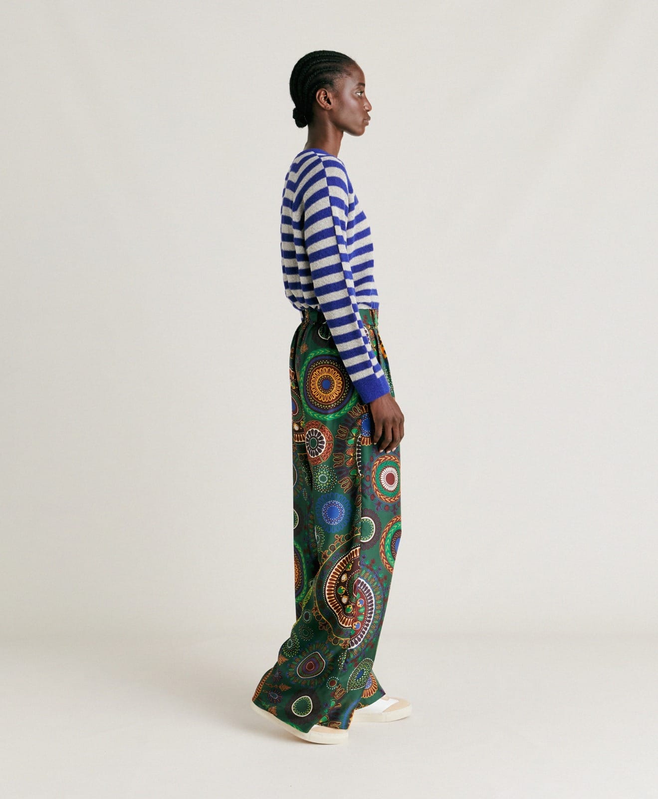 PANTALON LANZAROTE EN HABOTAI DE SOIE VERT MULTICOLORE – Image 2