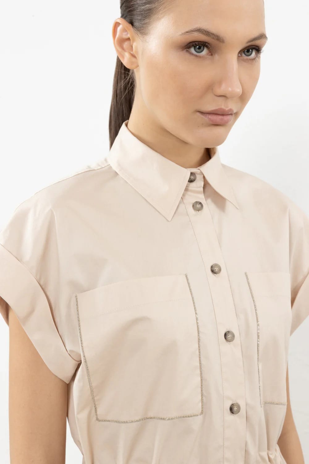 ROBE EN SATIN DE COTON STRETCH LEGER TAUPE – Image 3