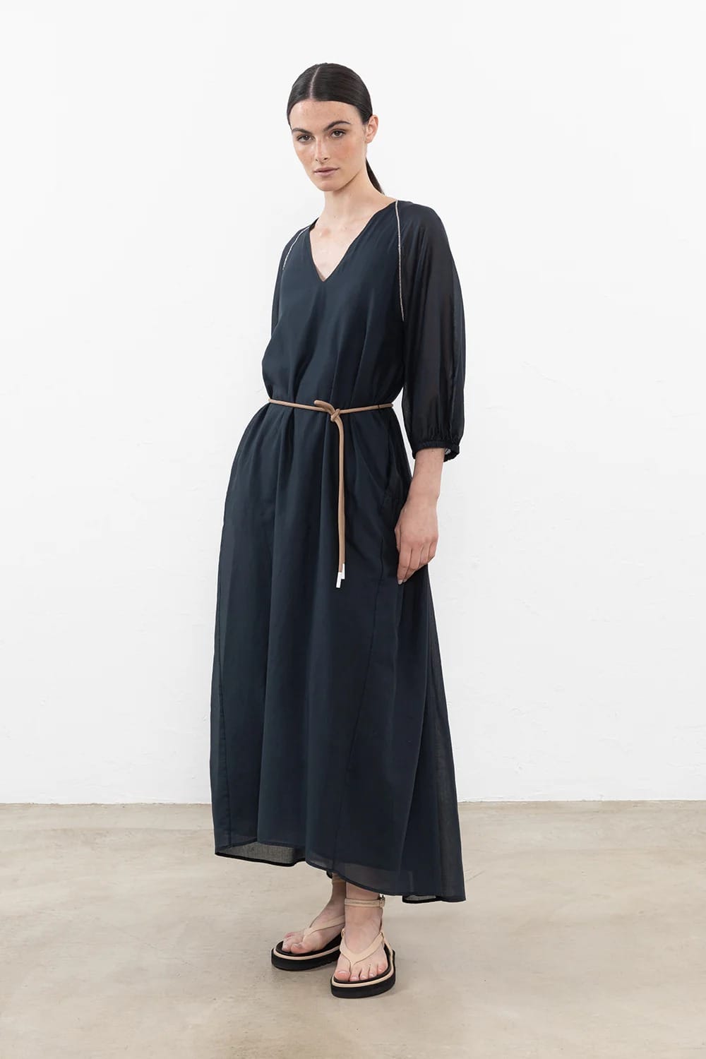 ROBE LONGUE EN VOILE PUR COTON KAKI