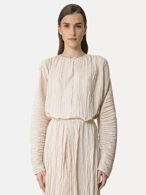 TOP A MANCHES LONGUES EN CREPE PLISSE IVOIRE