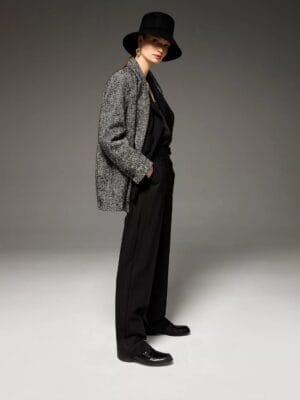 PANTALON LONG COUPE DROUTE EN LAINE MELANGEE A FINES RAYURES