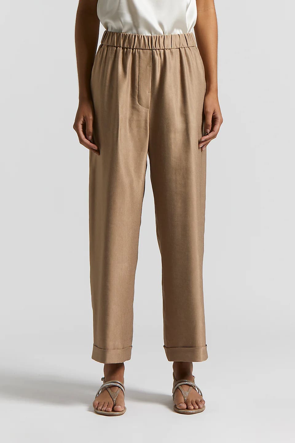 PANTALON EN GABARDINE DE VISCOSE ET LIN BRILLANT CAMEL