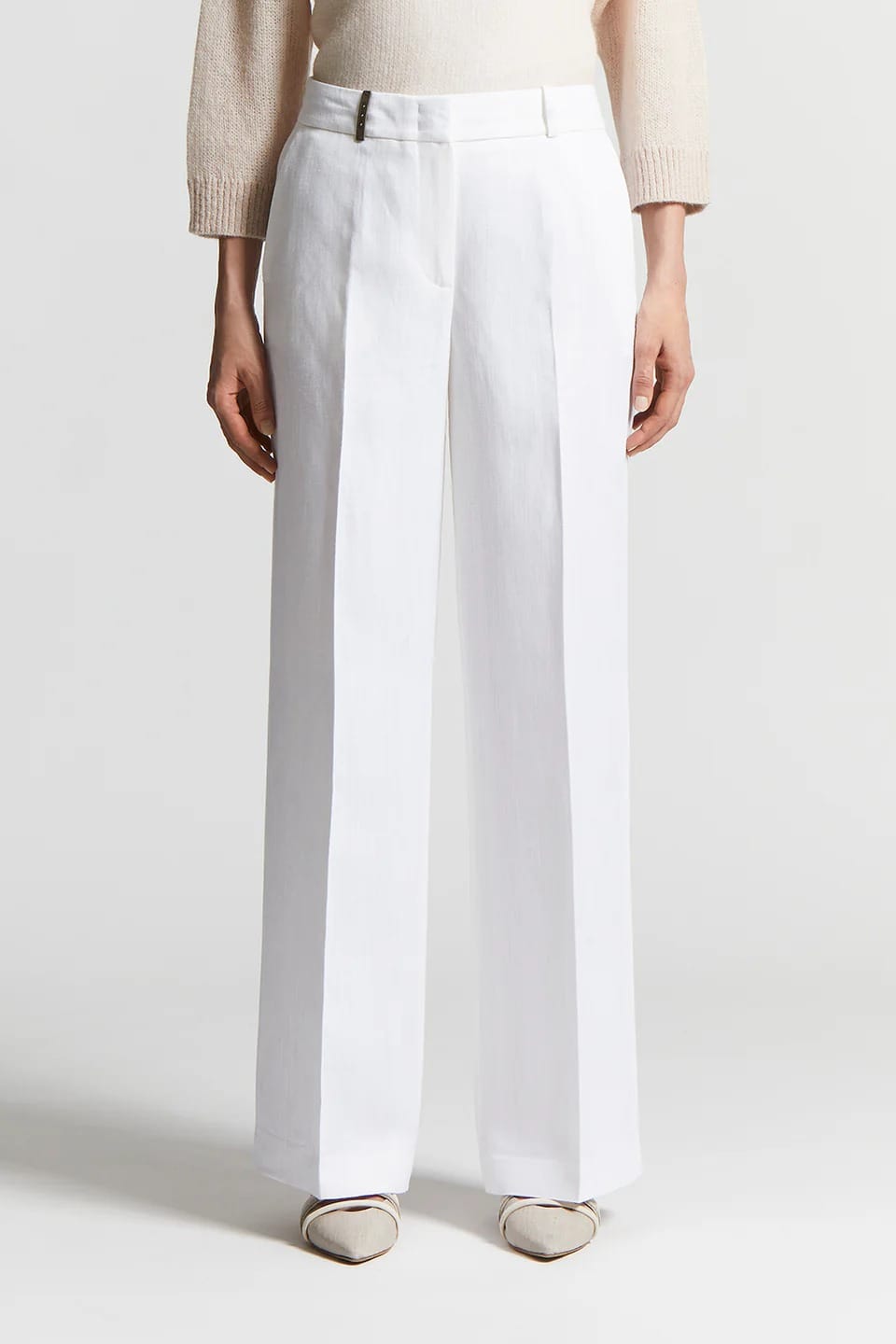 PANTALON A CHEVRONS EN VISCOSE ET LIN TEINTS EN FIL ECRU