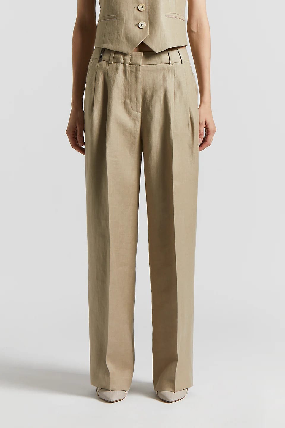 PANTALON EN GABARDINE DE LIN UNI BEIGE