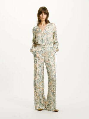 PANTALON CANDEO EN SERGÉ DE SOIE IMPRIMÉ - TABAC/AIGUE-MARINE