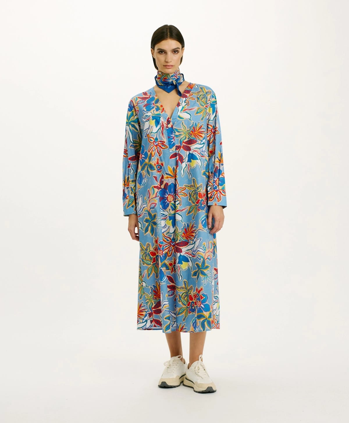 ROBE MORICHE EN POPELINE STRETCH - BLEU CLAIR MULTICOLORE