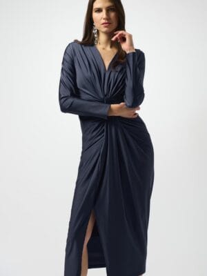 ROBE MIDI DRAPEE V-COL BLEUE NUIT
