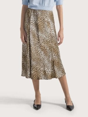 JUPE MIDI EN SATIN LISSE IMPRIME ANIMAL