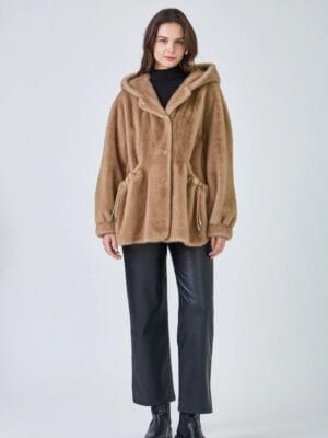 MANTEAU EN FAUSSE FOURRURE A CAPUCHE SELENA TAUPE