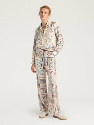 PANTALON ORTIZ EN SERGÉ DE SOIE IMPRIMÉ - MULTICOLORE CRÈME