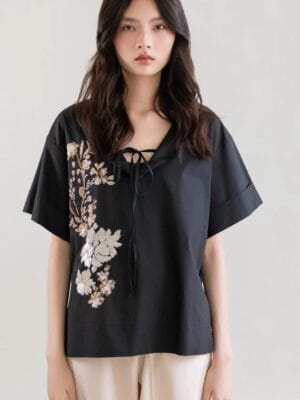 CHEMISE EN POPELINE BRODEE A SEQUINS ET COL CRANTE