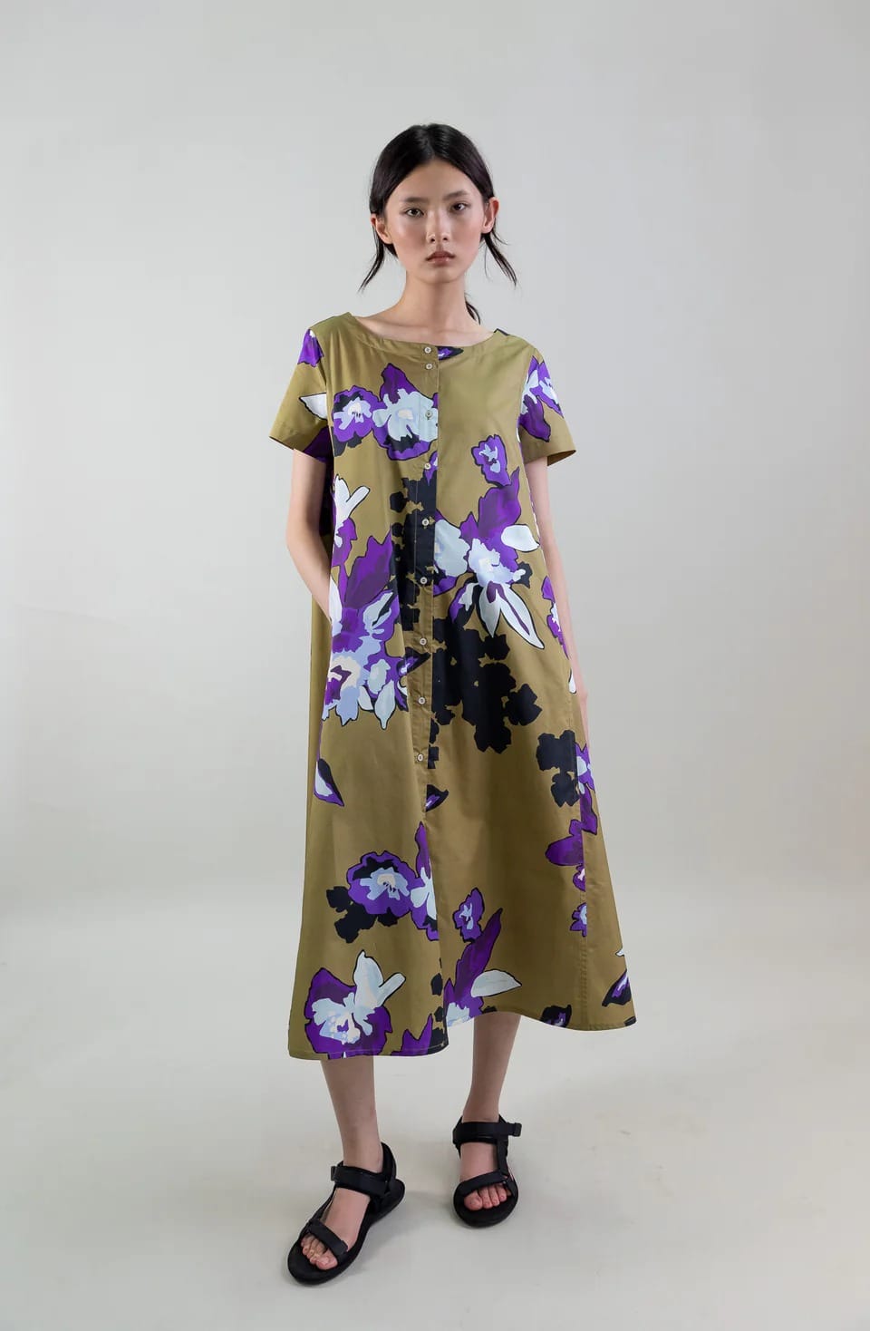 ROBE MIDI BOUTONNEE SUR LE DEVANT EN TOILE ORCHIDEE – Image 2