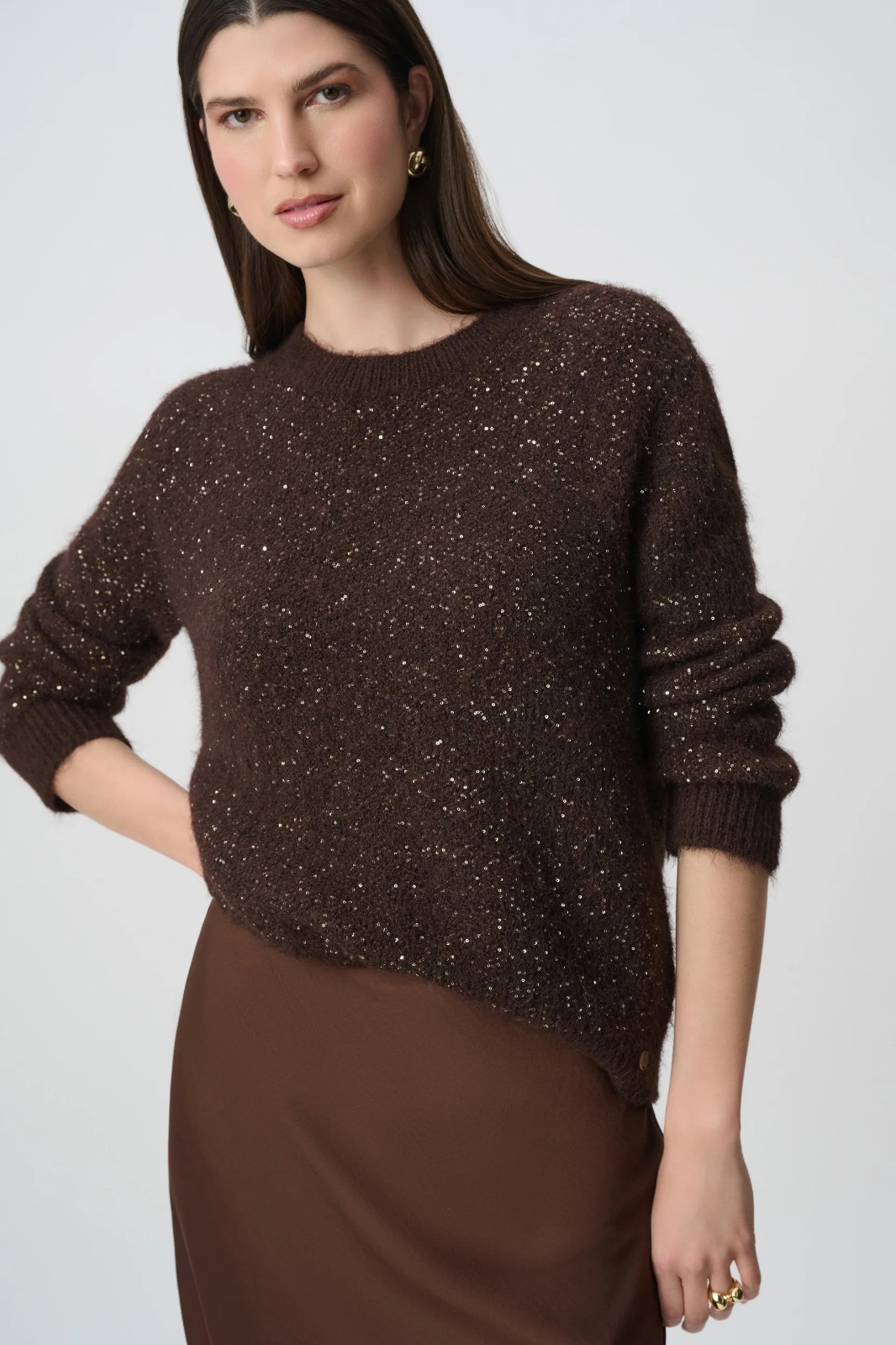 PULL RAS DU COU EN FIL PAILLETE MARRON