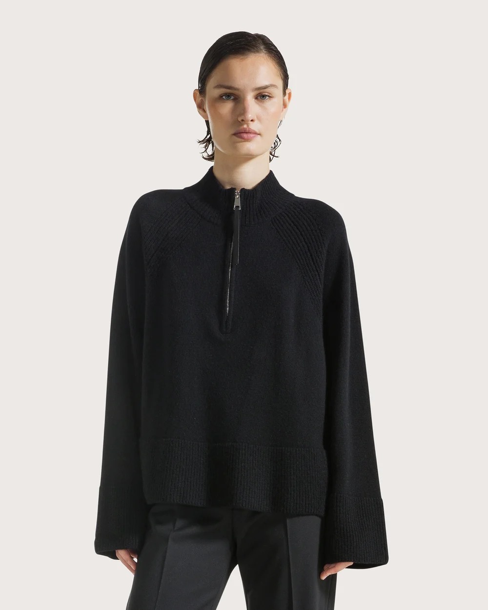 PULL ZIPPE EN LAINE ET CACHEMIRE NOIR